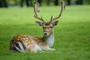 ai généré majestueux cerf avec impressionnant bois, repos pacifiquement sur une luxuriant vert champ ai généré photo