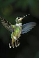 ai généré petit oiseau en volant contre vert Contexte ai généré photo