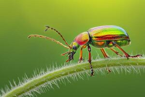 ai généré vibrant, coloré scarabée perché sur une vert tige contre une doux vert Contexte ai généré photo