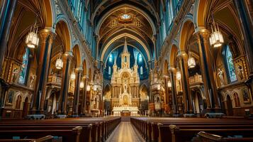 ai généré photo de le intérieur de grandiose église avec complexe architectural détails. bois bancs sont aligné dans Lignes de premier plan en haut à le autel ai généré