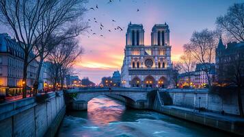 ai généré photo de le iconique notre dame cathédrale dans Paris, avec serein rivière écoulement dans le premier plan et doux, coloré ciel à crépuscule comme toile de fond ai généré