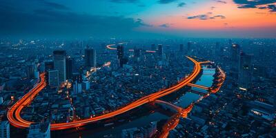 ai généré photo de paysage urbain pendant crépuscule avec rivière par partie de le ville. le ciel le début de soir, lampadaires formant brillant Orange Piste à le Urbain paysage ai généré