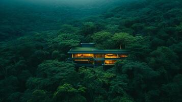 ai généré serein image dépeint moderne bâtiment situé dans le milieu de dense forêt. le bâtiment est contrastant avec le plus sombre alentours ai généré photo