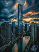 ai généré photo de spectaculaire paysage urbain avec imposant grattes ciels, serein rivière, important verre gratte-ciel des stands dans le centre. alentours bâtiments création dense Urbain environnement ai généré