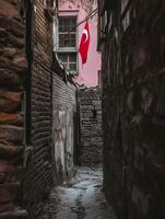 ai généré image capture étroit ruelle entre deux vieux brique bâtiments. un bâtiment a rugueux, inégal briques tandis que le autre apparaît plus lisse avec foncé tons ai généré photo