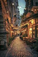 ai généré ruelle illuminé pendaison lumière flanqué Restaurants et les cafés pendant le soir ai généré photo