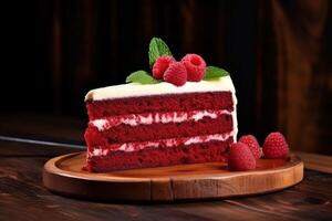 ai généré rouge velours gâteau tranche, framboise, les diables gâteau, mariage, anniversaire, délicieux, traditionnel photo