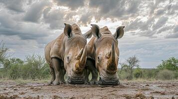 ai généré deux rhinocéros permanent proche à chaque autre sur une saleté sol, avec des arbres et des nuages dans le Contexte ai généré photo