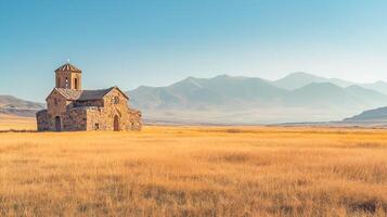 ai généré photo de un ancien, isolé église entouré par vaste champ avec montagnes dans le toile de fond. le église construit avec beige des pierres, montagnes dans le Contexte ai généré