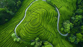 ai généré aérien vue de vibrant vert thé plantations est magnifique vue à voir. le plantations sont organisé dans soigné Lignes cette forme complexe motifs sur le paysage. ai généré photo
