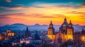 ai généré pittoresque le coucher du soleil historique paysage urbain. important architectural structures, comprenant bombé bâtiments et tours, sont silhouette contre le doux lueur de le réglage Soleil. ai généré photo