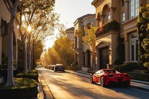 ai généré une rue dans une quartier de Maisons avec deux souper voiture ai généré photo