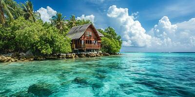 ai généré tropical paradis. luxe vue panoramique sur Maldives recours sur paysage marin Contexte. bungalow, villas sur magnifique exotique plage sur le océan. spa, loisirs, concept ai généré photo