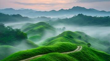 ai généré photo de roulant vert collines couvert dans luxuriant verdure au milieu de brumeux atmosphère. saleté chemin les vents par le paysage, la nature concept ai généré