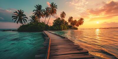 ai généré promenade avec paume des arbres dans tropical île à coucher de soleil, dans le style de luxueux ai généré photo