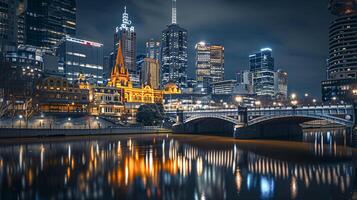 ai généré la nuit paysage urbain avec grand bâtiments, une pont, et une rivière ai généré photo