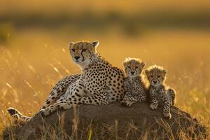 ai généré guépard avec sa petits repos sur une monticule dans le sauvage, baigné dans le d'or lumière de le en hausse Soleil ai généré photo