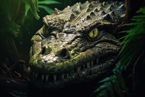 ai généré fermer faune la photographie de dangereux crocodile dans mangrove forêt. photo