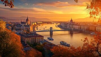 ai généré image de scénique vue de ville avec important architectural structure, pont plus de rivière, et le alentours paysage baigné dans le chaud lueur de le coucher du soleil ai généré photo