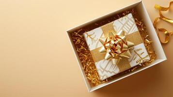 ai généré dévoilement luxe 3d cadeau boîte avec or ruban, vide espace, Haut voir, ai généré photo