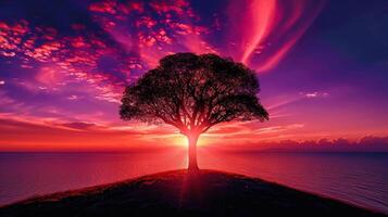 ai généré photo de solitaire arbre silhouette contre vibrant coucher de soleil, permanent sur petit colline entouré par calme des eaux, des nuages devrait être épars à travers le ciel ai généré