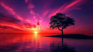 ai généré photo de solitaire arbre silhouette contre vibrant coucher de soleil, permanent sur petit colline entouré par calme des eaux, des nuages devrait être épars à travers le ciel ai généré