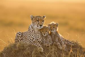 ai généré guépard avec sa petits repos sur une monticule dans le sauvage, baigné dans le d'or lumière de le en hausse Soleil ai généré photo