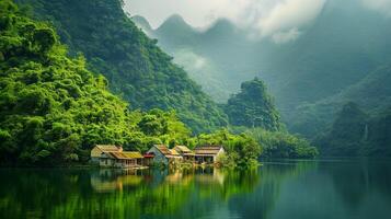 ai généré photo clair Lac avec le village entouré avec forêt ai généré