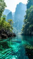 ai généré bateau dans le rivière dans lever du soleil par le montagnes ai généré photo