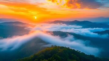 ai généré Montagne nuage et brumeux à Matin temps avec Orange ciel, lever du soleil magnifique paysage ai généré photo