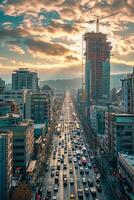 ai généré photo de paysage urbain avec rue rempli avec en mouvement voitures. bâtiments de différent hauteurs et dessins flanc tous les deux côtés de le rue. ai généré