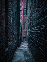 ai généré photo verticale coup de une étroit ruelle. le atmosphère est de mauvaise humeur et foncé avec Naturel ai généré