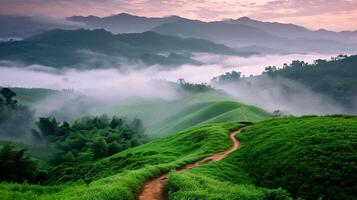 ai généré photo de roulant vert collines couvert dans luxuriant verdure au milieu de brumeux atmosphère. saleté chemin les vents par le paysage, la nature concept ai généré