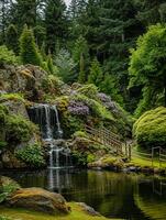 ai généré serein image capture pittoresque scène de la nature avec cascade, forêt, étang et rocheux ai généré photo