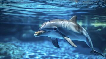 ai généré dauphin submergé dans eau, avec ses plus haut corps et tête visible ai généré photo