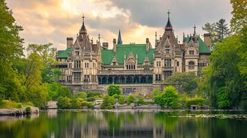 ai généré photo de majestueux Château comme structure, entouré par luxuriant verdure et serein corps de l'eau. le bâtiment plusieurs tours avec pointu toits, et vert les toits. ai généré