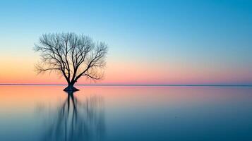 ai généré serein photo de seul arbre permanent partiellement submergé dans calme corps de eau, avec le pente teintes de le coucher du soleil ou lever du soleil reflétant sur le l'eau surface. ai généré