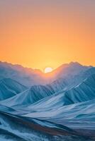 ai généré photo magnifique paysage de haute rocheux montagnes couvert avec neige en dessous de le Stupéfiant ciel, soleils de le coucher de soleil, minimaliste style ai généré