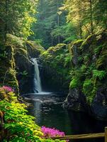 ai généré serein image capture pittoresque scène de la nature avec cascade, forêt, étang et rocheux ai généré photo