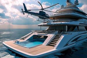 ai généré 3d illustration de une luxe super yacht avec une hélicoptère nager bassin et une jacuzzi ai généré photo