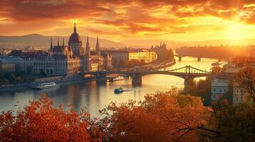 ai généré image de scénique vue de ville avec important architectural structure, pont plus de rivière, et le alentours paysage baigné dans le chaud lueur de le coucher du soleil ai généré photo