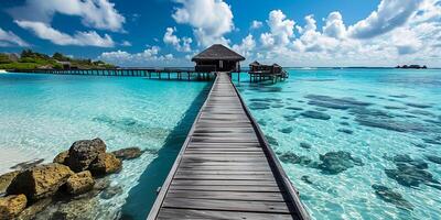 ai généré longue bois passerelle à petit cabane le long de bleu eau, dans le style de coloré rêves, spectaculaire toiles de fond, luxueux ai généré photo