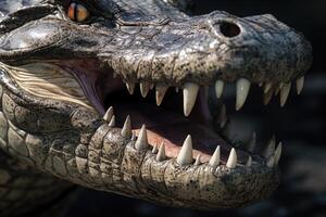 ai généré fermer de Nil crocodiles bouche et dents. photo
