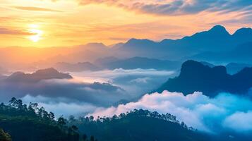 ai généré Montagne nuage et brumeux à Matin temps avec Orange ciel, lever du soleil magnifique paysage ai généré photo