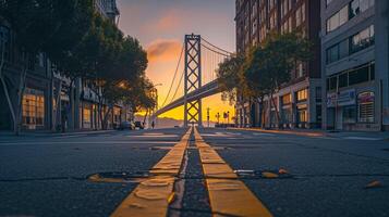 ai généré magnifique vue de grand suspension pont cette étend à travers le cadre, illuminé par le doux lueur de le réglage Soleil de le le coucher du soleil ai généré photo