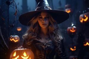 sorcière dans foncé forêt avec citrouille Halloween art photo