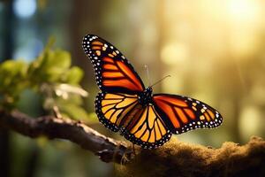 ai généré Orange monarque papillon repos sur bâton photo