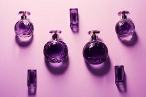 ai généré ensemble de parfum bouteilles sur violet Contexte. photo