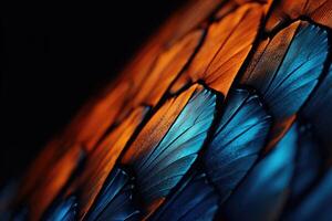 ai généré fermer papillon aile avec bleu et Orange couleurs sur noir Contexte photo