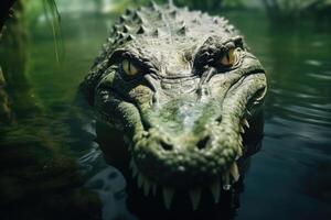 ai généré fermer faune la photographie de dangereux crocodile dans mangrove forêt. photo